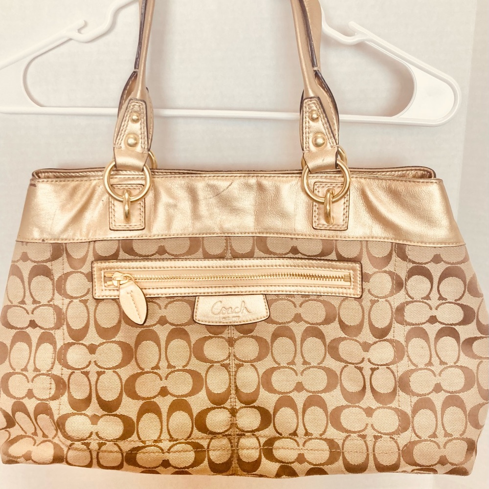 Coach Penelope Tan Canvas Leather Women’s Tote Bag Snaps NEEDS TLC READ F15534